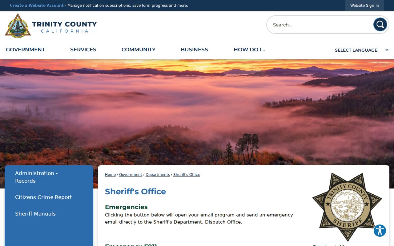 Trinity County Sheriff's Office official contact page