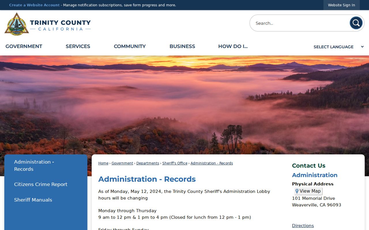 Trinity County Sheriff Records Lobby information