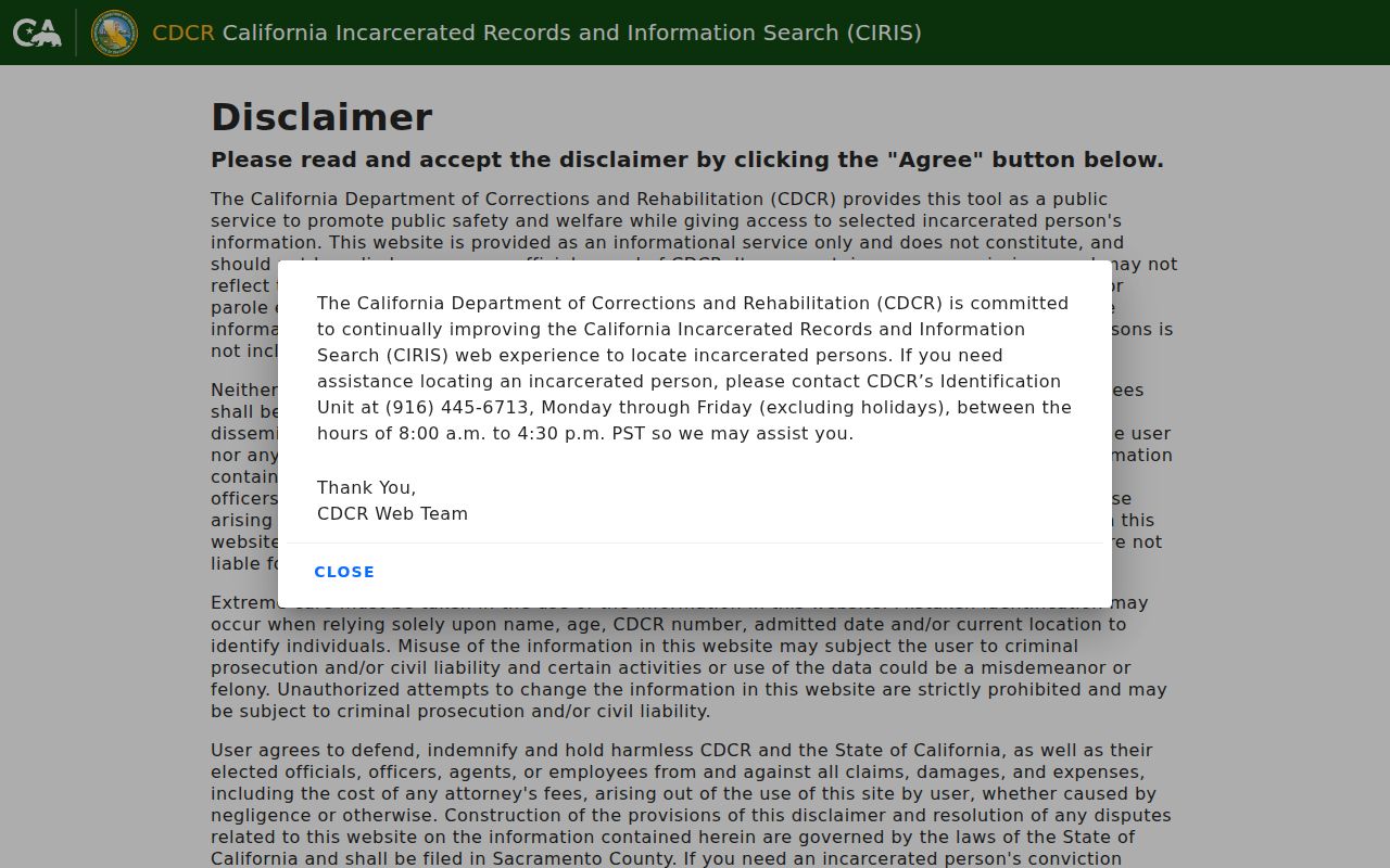 CDCR CIRIS state prison locator used for Trinity County searches
