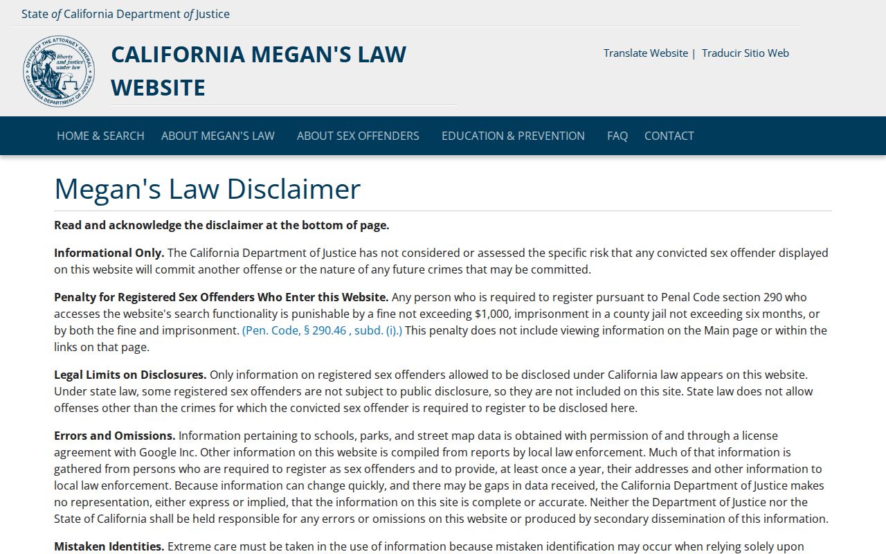 California Megan's Law Website for Trinity County registry searches
