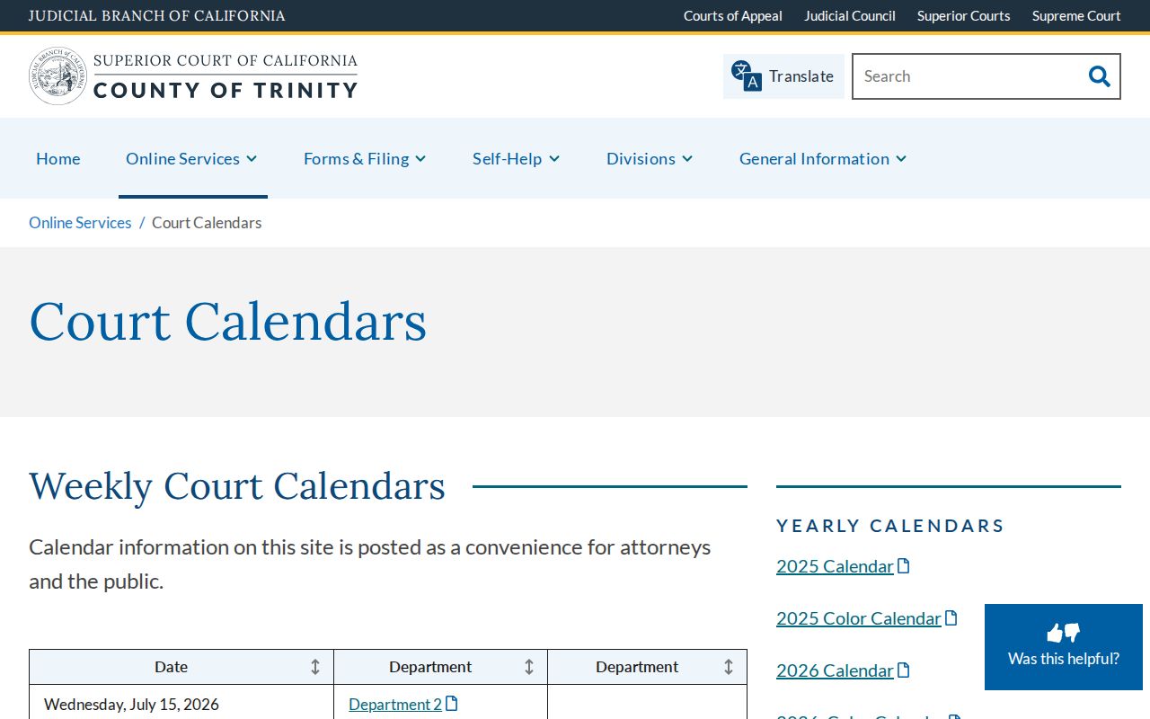 Trinity County criminal court case calendars and remote appearance page