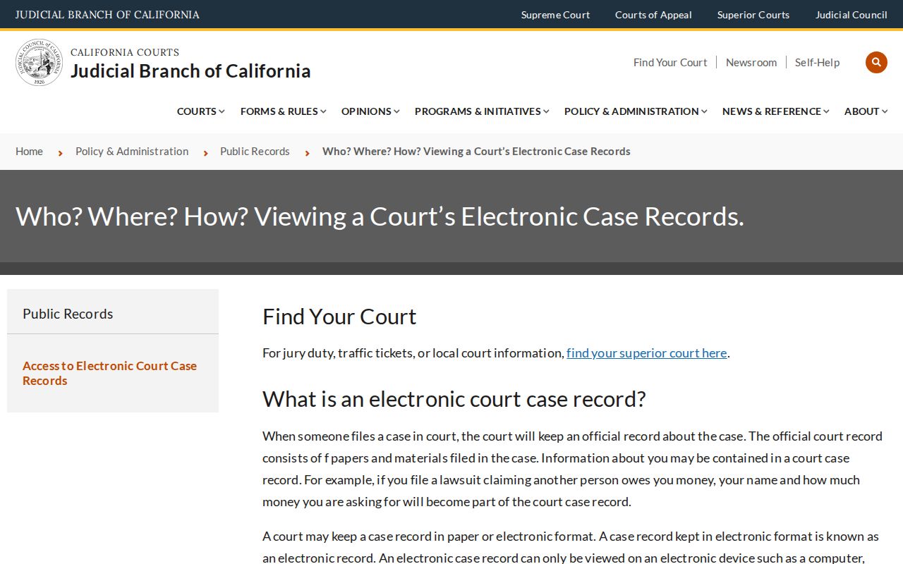 California electronic access guidance for Trinity County criminal case records